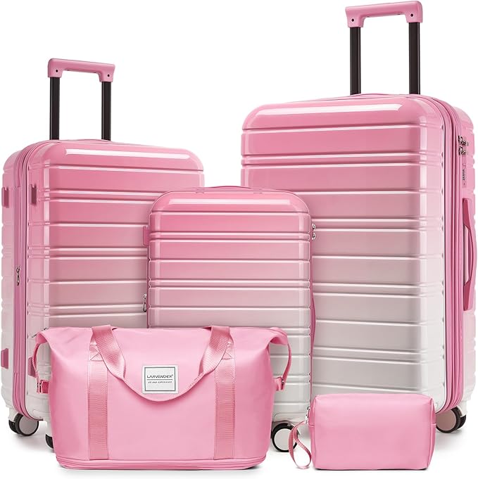 LARVENDER Luggage Sets 5 Piece Hardside Expandable Suitcase with Wheels Lock,PC+ABS Hardside Lightweight Rolling Suitcase for Women and Men,Peach Sparkling