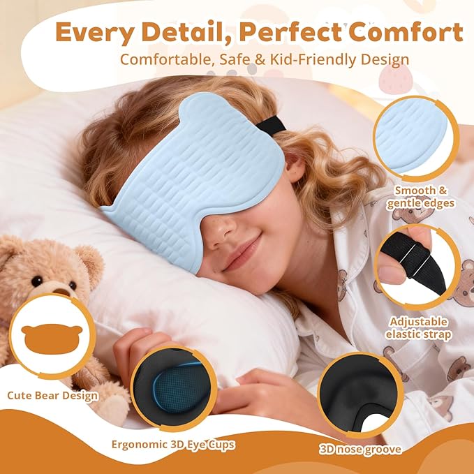 3D Kids Sleep Mask – Cute Bear Eye Mask for Sleeping, Comfortable Memory Foam Sleep Mask for Kids, Adjustable Strap and Lightweight Sleeping Mask for Boys Girls Teens Ages 5-15 (Blue)