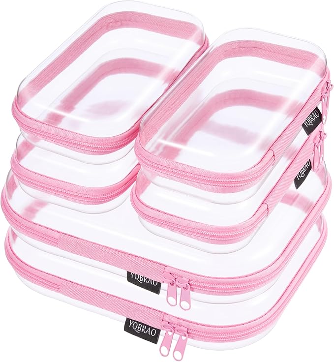 6 Pack Clear Hard Shell Zipper Case, Hard Plastic Organizer Pouches for Travel, Small Items, Makeup, Electronics & Art Supplies - Crush-Resistant & Waterproof Storage (Pink)