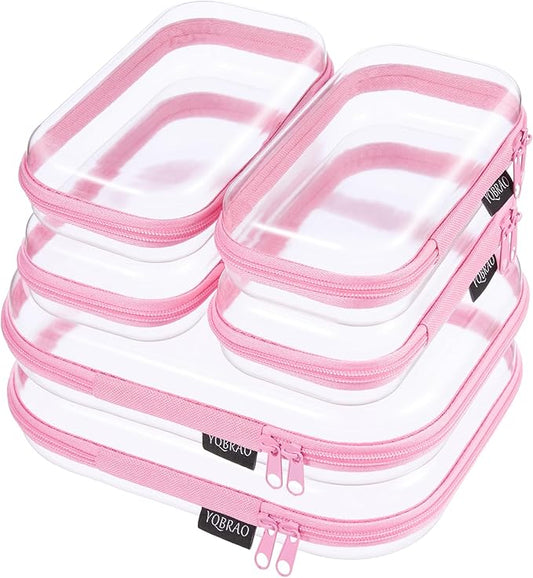 6 Pack Clear Hard Shell Zipper Case, Hard Plastic Organizer Pouches for Travel, Small Items, Makeup, Electronics & Art Supplies - Crush-Resistant & Waterproof Storage (Pink)