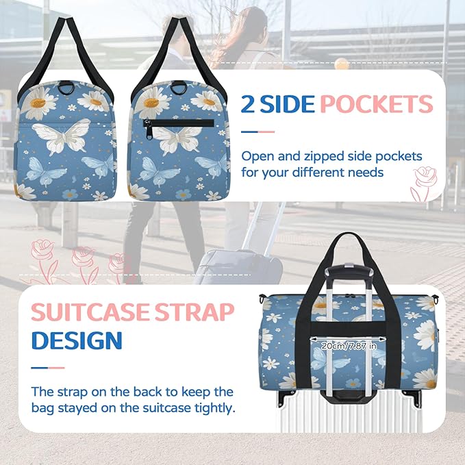 Daisy Butterfly Travel Duffle Bag for Women Men, Overnight Weekender Bag, Carry on Tote for Sport Gym