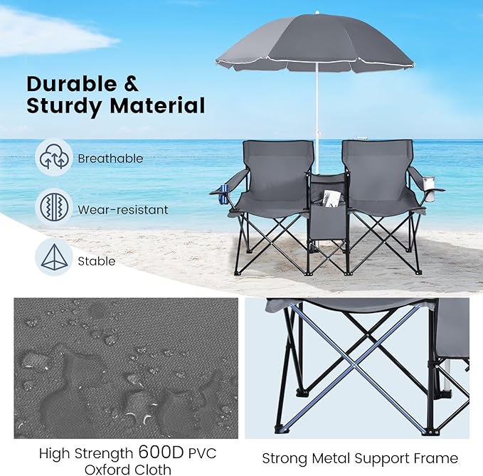 KOTEK Double Camping Chair, Folding Camp Chair with Removable Umbrella, Cup Holders, Cooler Bag, Side Pocket & Carry Bag, 2-Person Beach Chair for Outdoor, Sports, Concerts, Travel, Picnic (Grey)