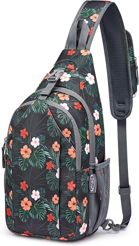G4Free Sling Bag RFID Blocking Sling Backpack Crossbody Chest Bag Daypack for Hiking Travel(Black Base Floral)