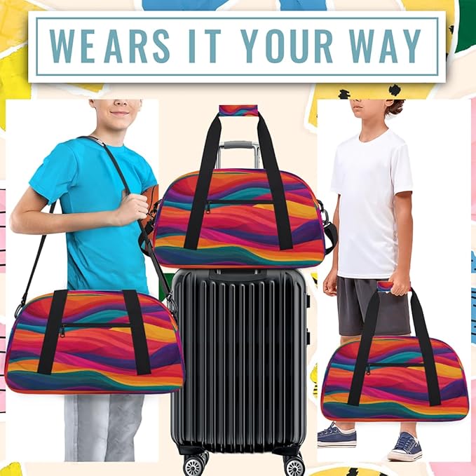 Kids Duffle Bag Girls Boys Colorful Ocean Waves Lines Weekender Overnight Bag,Lightweight Duffel Bags for Traveling Gym Sport Dance