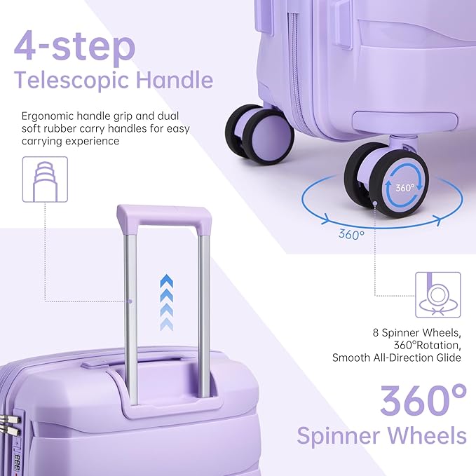 Carry On Luggage 22x14x9 Airline Approved, 22 Inch PP Hardshell Luggage Carry-on Suitcase with Spinner Wheels, Carry On Suitcase Set for Women (Lavender)