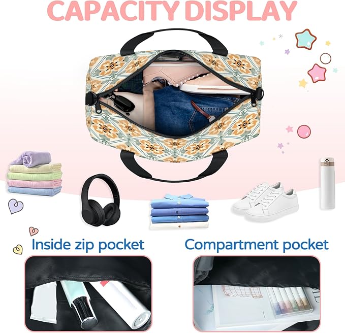 Ethnic Bohemian Gym Bag for Women 17 inch Waterproof Carry On Overnight Weekender Bag Sports Duffel Tote Bags for Travel Workout
