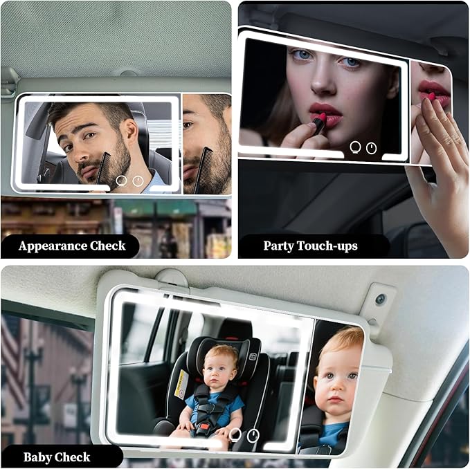 Car sun visor makeup mirror, equipped with 3x magnifying glass and three-color adjustable brightness soft light mirror, rechargeable, suitable for all models (Black)