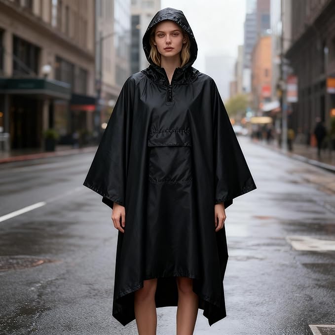 Hooded Rain Poncho for Adults - Waterproof Rain Coat and Lightweight Jacket 3-in-1 Multi-Function with Pockets