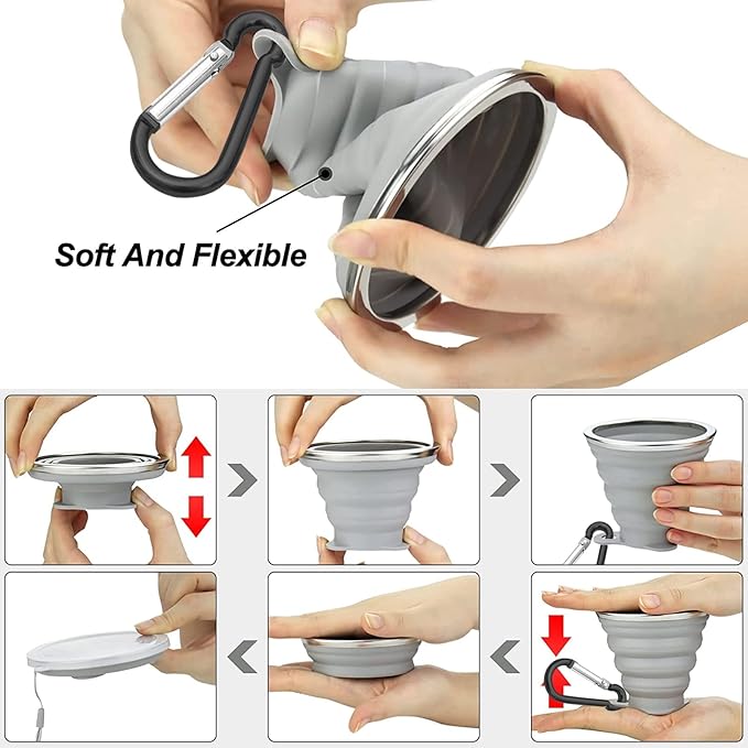 Collapsible Silicone Folding Drinking Cup - Reusable Portable Mug for Travel, Camping, Hiking, Survival, Car, Picnic, Beach, Holiday, Outdoor Sports - Grey