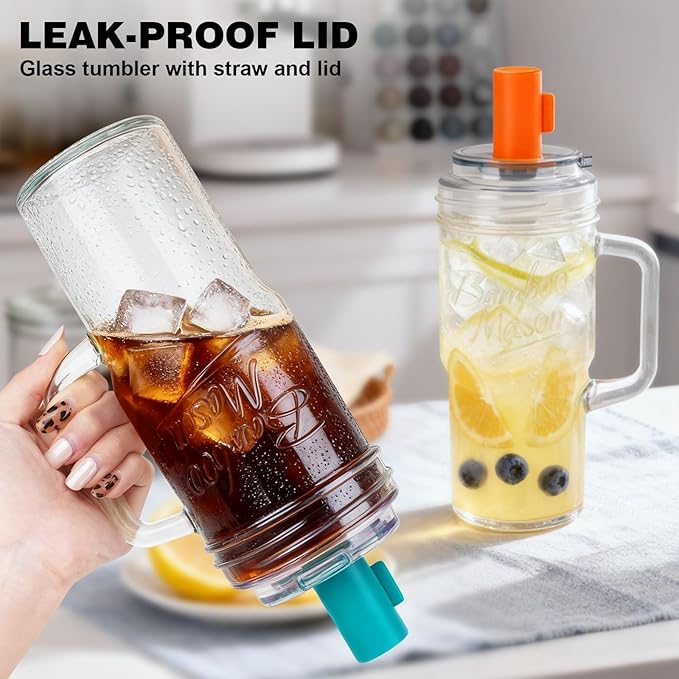 Bamboo Mason Leakproof Mason Jar Cups with Lids and Straws, 24oz Glass Tumbler with Handle, Leak-Proof Rotating Lid & Silicone Straw, Reusable Iced Coffee & Matcha Cup Set Coffee Gifts for Women -2pc