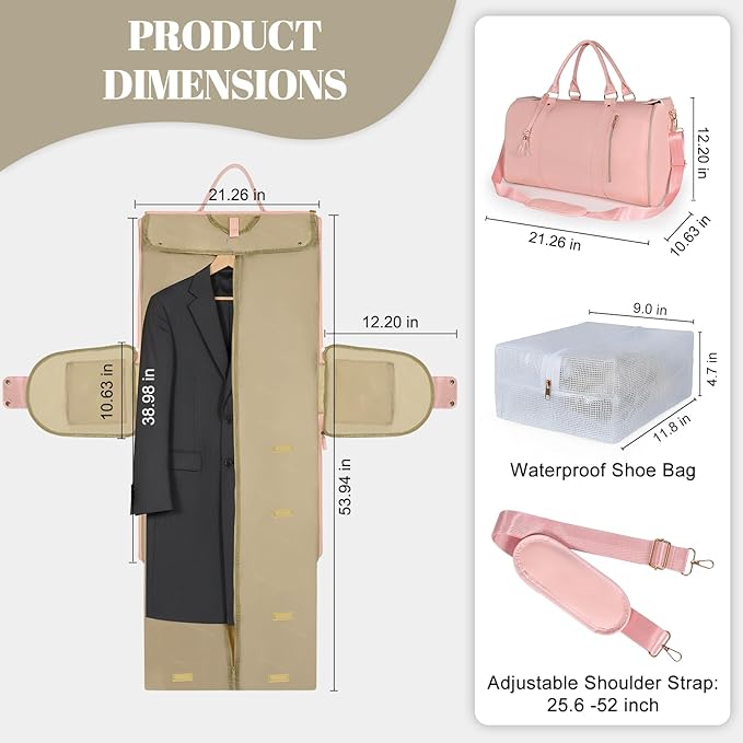 Geestock Garment Bag for Travel, Convertible Carry On Garment Duffle Bags for Women with Shoe Pouch & Detachable Shoulder Strap, Large PU Leather, 2 in 1 Hanging Suitcase Dress Suit Travel Bag, Pink