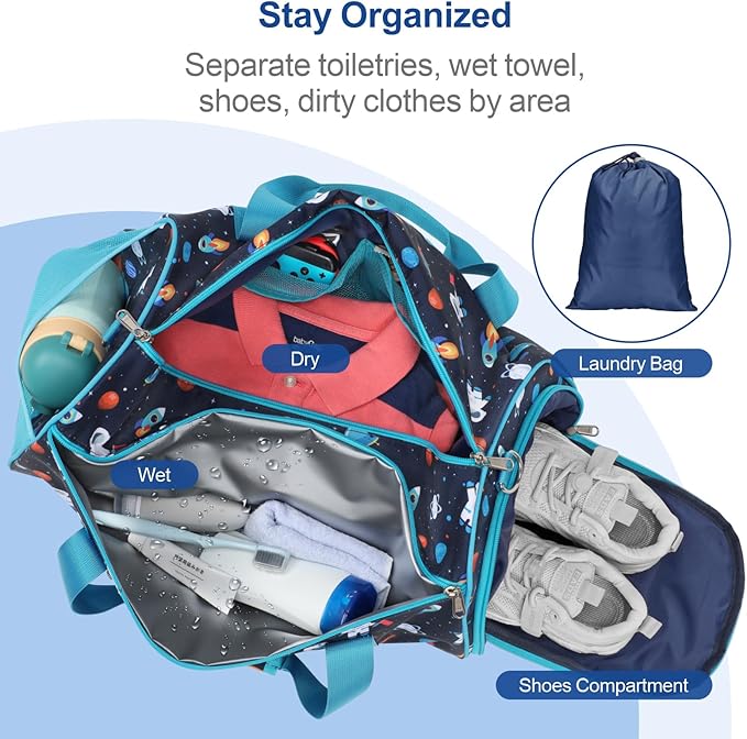 Bagseri Boys Duffle Bag for Travel - Kids Gym & Sports Bag with Shoe Compartment & Water Resistant Wet Pocket, Weekender for Camping & Sleepover (Blue Space Astronaut)