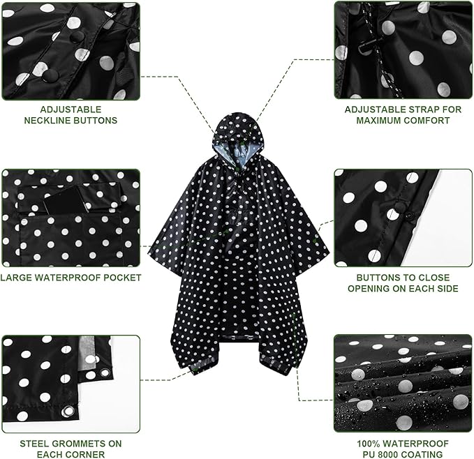 Hooded Rain Poncho for Adults - Waterproof Rain Coat and Lightweight Jacket 3-in-1 Multi-Function with Pockets