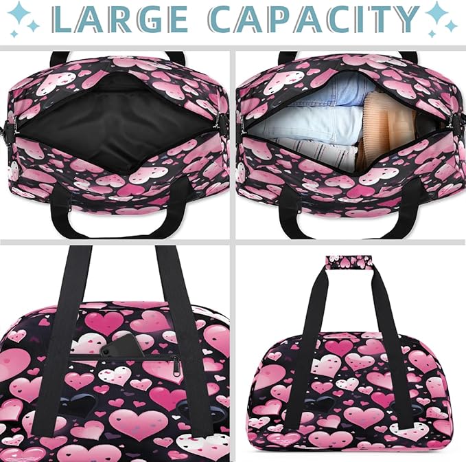 Pink Black Heart Pattern Sports Duffel Bags, Water-Resistant Gym Duffle Bag for Men Women, Lightweight Weekender Overnight Bag for Fitness, Workout, Travel