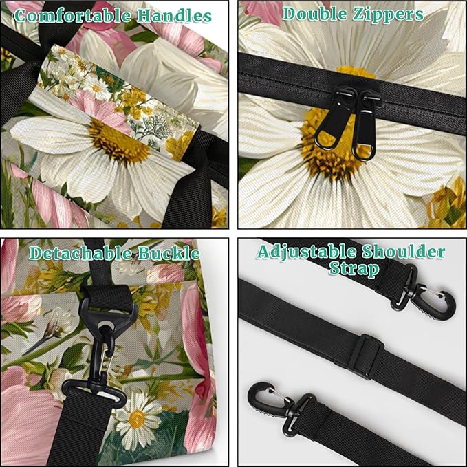 Florals Flower Daisy Gym Travel Duffle Bag for Women & Men with Front Zipper Pocket for Sports, Overnight, Weekender, Carry On,Workout & Dance Bag,Daisy Yellow White,18.9 * 8.7 * 10.6 in