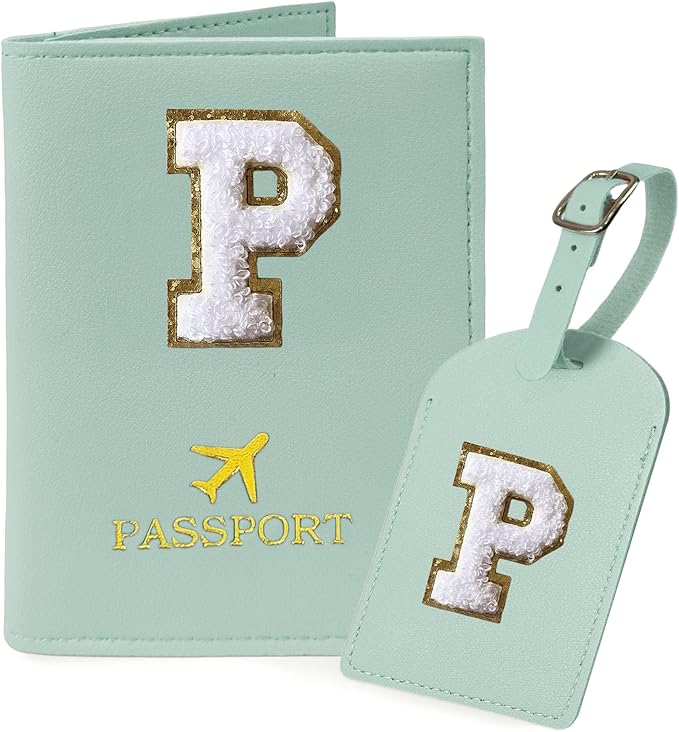 COSHAYSOO Green Passport Cover and Initial Luggage Tag Set TSA Approved with Preppy Chenille Letter Patch, Trendy Traveling Bag Backpack Suitcase Identifier Stocking Stuffer Gifts for Women Girls (P)