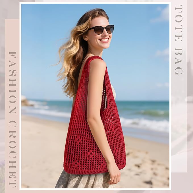 Sightor Crochet Tote Bag, Mesh Beach Bag Knit Summer Hobo Bag Vacation Boho Tote Bag for Women