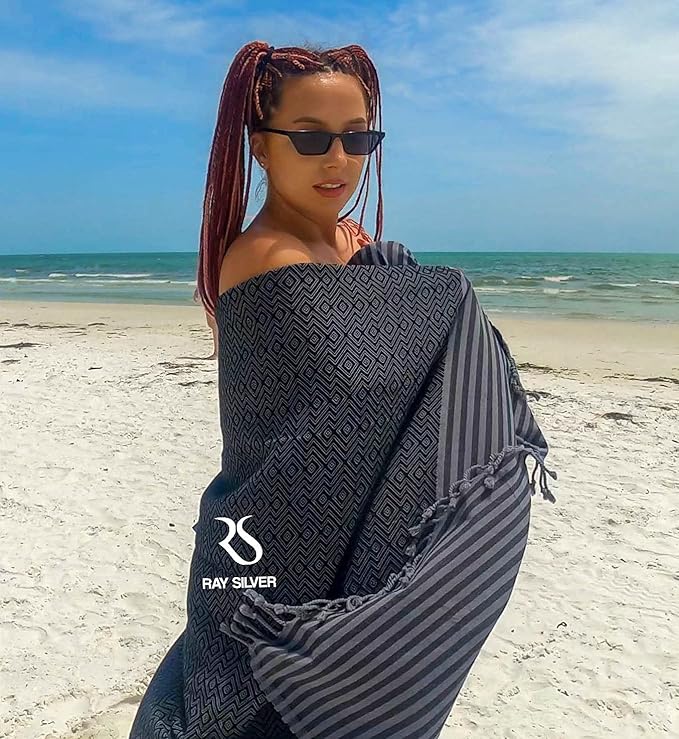 RAY SILVER Turkish Beach Towel – 100% Cotton 40x71 Quick Dry Oversized Sand Free Lightweight Blanket for Travel Camping Bath Sauna Pool Gym Yoga (4pc- Black Orange Yellow White)
