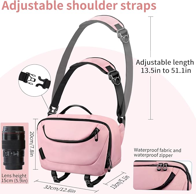 Camera Sling Bag,Waterproof Camera Case with Tripod Holder,Lightweight DSLR/SLR/Mirrorless Camera Bags Crossbody for photographers-Pink
