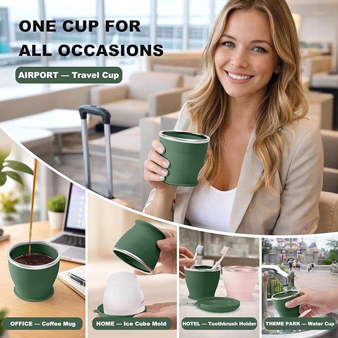 Collapsible Travel Cup, BPA-Free Reusable Water Cup, Lightweight Drinking Cups with Lids and Carrying Strap, Dishwasher Safe Silicone Cups for Camping, Travel, Airports, Hotel (6.7oz, Green)