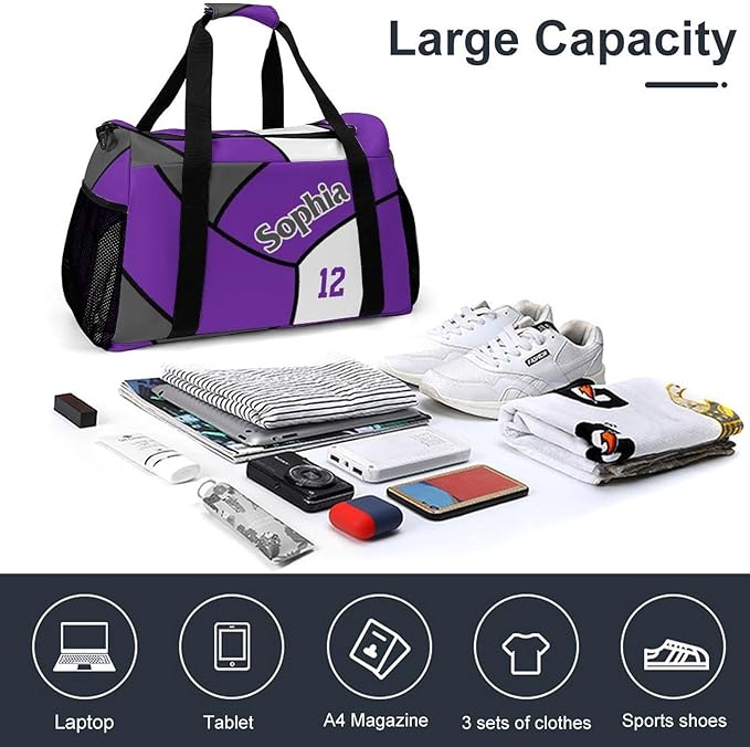 Custom Volleyball Purple Duffel Bag with Name Personalized Travel Bags Sport Gym Bag Carry On Weekender Bags for Men Women