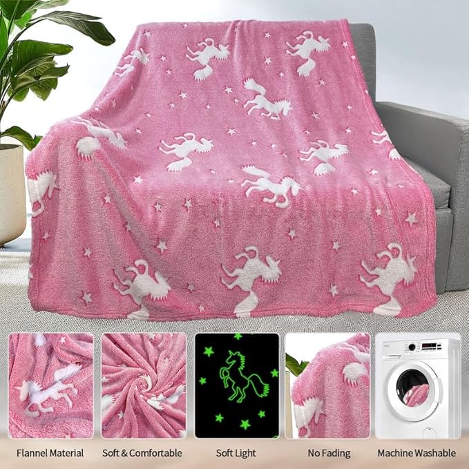 Unicorn Blanket for Girls, Glow in The Dark Blankets for Girls Kids Blankets for Girls, Personalized Blankets for Girls/Baby/Toddler, Unicorns Gifts for Girls Age 1-12, Soft Fleece Blanket 40"x 50"