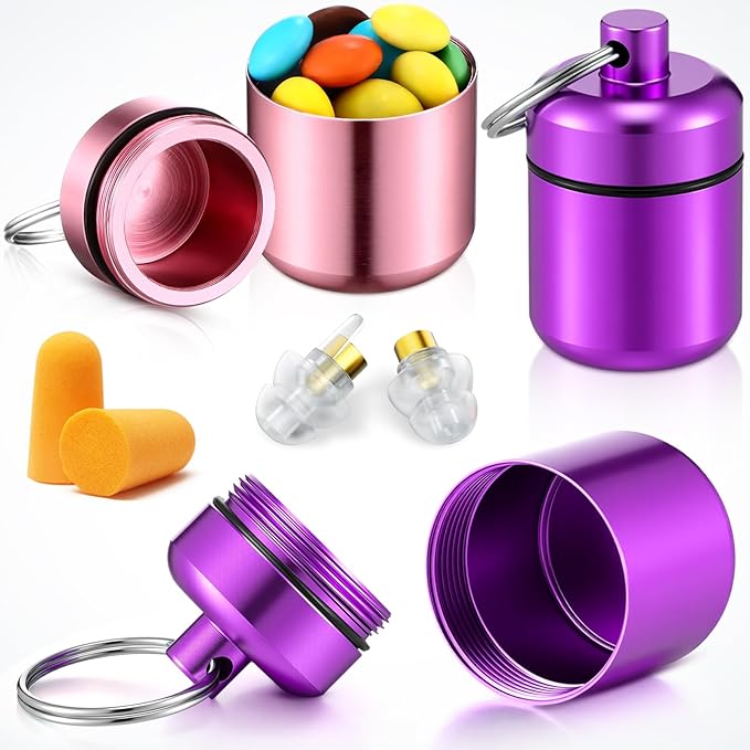 Hicarer 4 Pack Ear Plug Carrying Case, Waterproof Metal Ear Plug Holder with Keychain, Portable Small Pill Case Container for Earplugs, Jewelry, Pill Organizer for Travel or Sports(Multicolor)