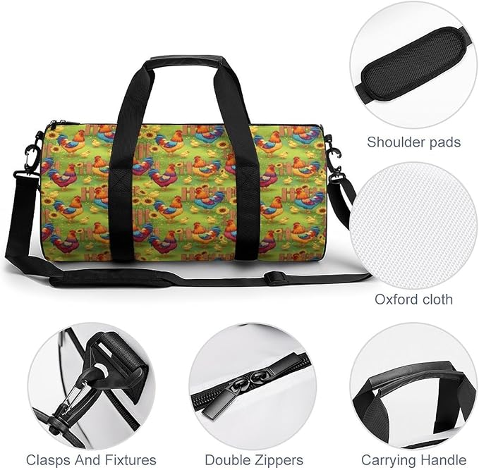 Large Capacity Carry On Weekender Overnight Bag Rooster Chicken Garden Flowers Painting Beach Swim Bags Men Women Duffle Bag for Travel, Sports