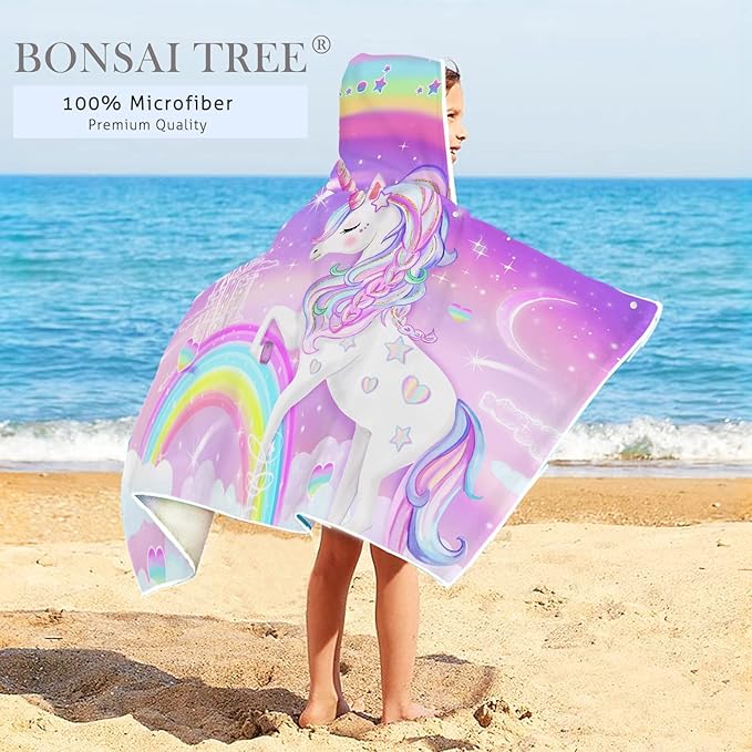 Bonsai Tree Unicorn Beach Towel, Unicorn Towel for Girls with Hood, Rainbow Unicorn Hooded Towel for Kids 30" x 50", Cute Cartoon Microfiber Absorbent Soft Bath Towel Poncho Bathrobe for Swin Pool