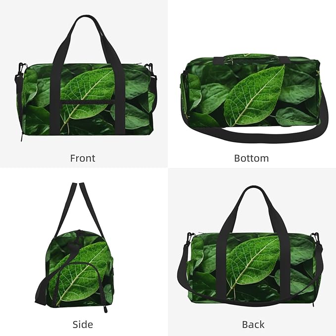 Green Leaf Nature Print Gym Bag with Shoe Compartment for Women Men, 17.7in Sports Duffle Weekender Tote, Overnight Travel Duffel Bag Carry On