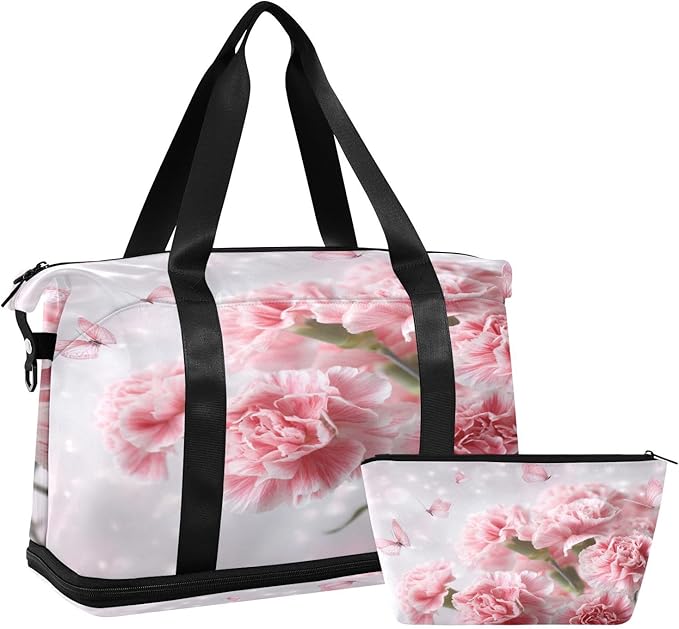 Travel Duffel Bags for Women Watercolor Pink Carnations with Butterflies Sports Duffel Bags Gym Bags with Shoes Compartment Tote Bag Weekender Bag for Travelling