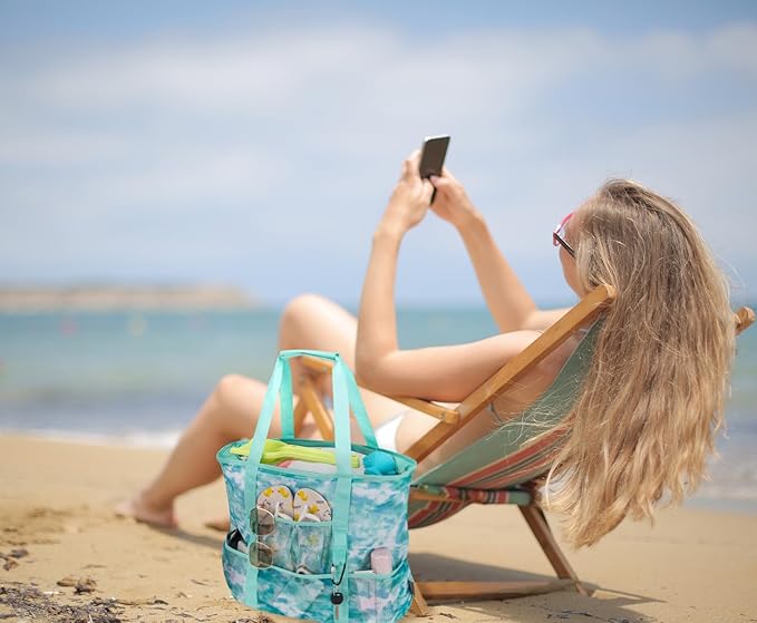KABAQOO Mesh Beach Bag, Extra Large Beach Bags with 9 Pockets & Zipper Waterproof Lightweight Beach Tote for Beach/Pool Trip | Extra Large, 9 Pockets, Zipper, Waterproof, Lightweight, Beach/Pool Trip