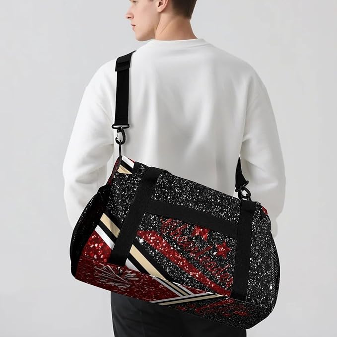Cheer Red Maroon Glitter Sequin Print Travel Bag, Customized Duffel Bags, Overnight Bag, Personalized Gift, Workouts Gym Casual Bag, Perform Backpacks
