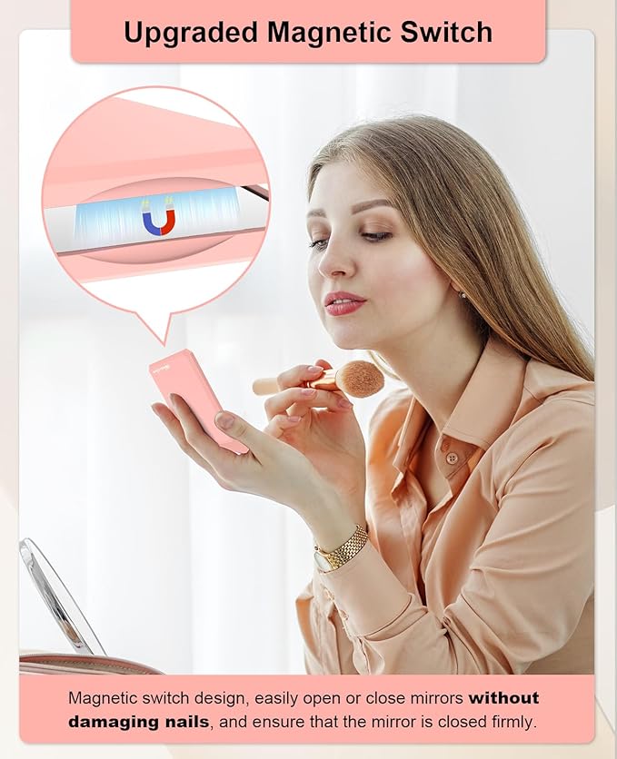 WOBSION Small Compact Mirror,1x/2x Travel Magnifying Mirror,2-Sided Handheld Portable Folding Mirror for Purse,Pocket,Gifts,Square(Pink)