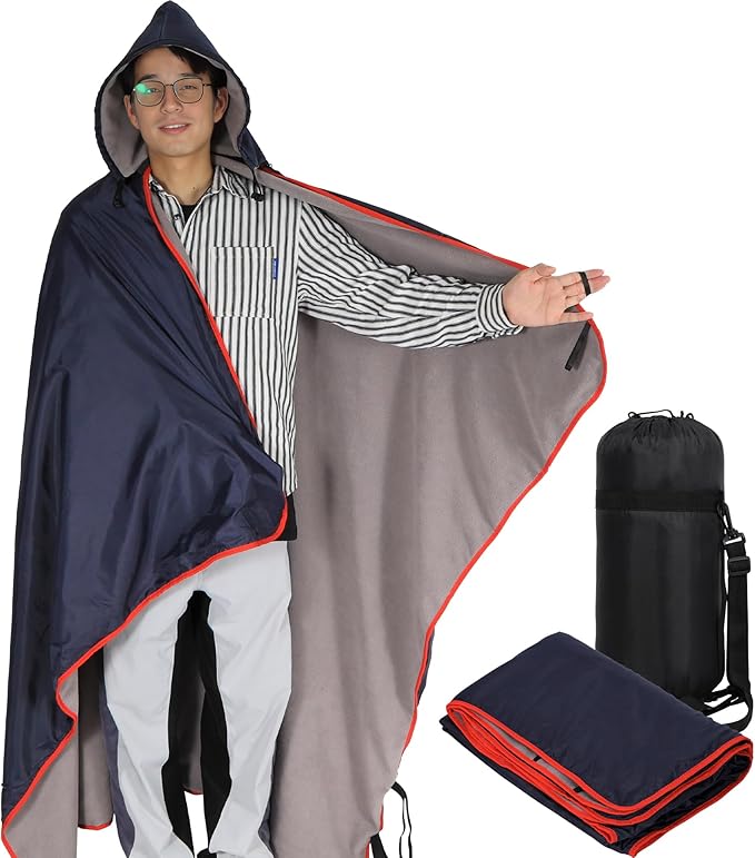REDCAMP Hooded Stadium Blanket Waterproof Windproof for Cold Weather, Soft Warm Fleece Outdoor Blanket Portable for Camping Sports Picnic, Dark Blue