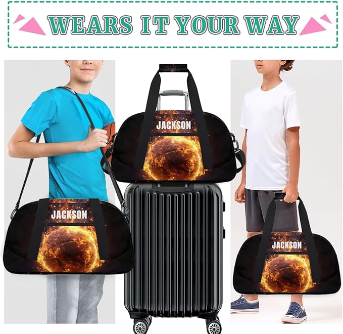 Custom Flame Basketball Gym Duffel for Kids Boys,Personalized Duffel Bag Overnight Bags for Travel Weekender Practice