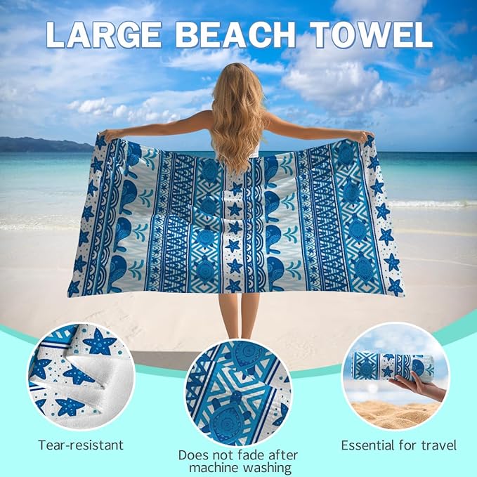 Whale Pattern Beach Towel - 35x70 Inch Fast Dry Microfiber Towel, Lightweight & Versatile for Beach, Pool, Yoga, Travel, Ideal as Beach Blanket & Vacation Essential
