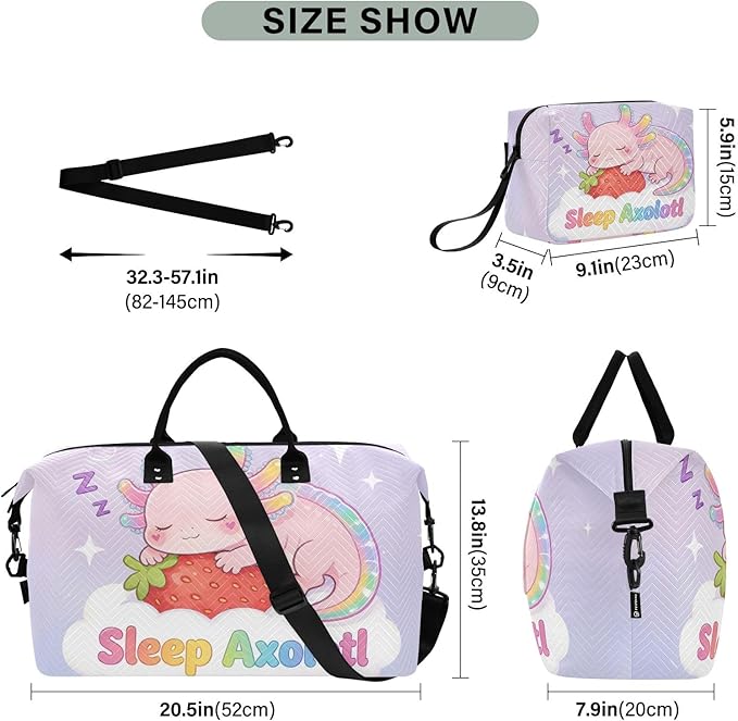 Travel Duffle Bag, Sleep Axolotl Strawberry Gym Bag with Storage Bag Weekender Overnight Bag for Men Women Trip Sports Yoga