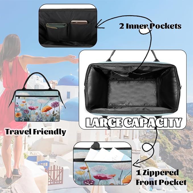 Overnight Weekender Bags for Women Men, Garden Wildflowers Waterproof Travel Carry On Duffel Bag, Lightweight Sports Gym Bag for Fitness, Workout, Travel