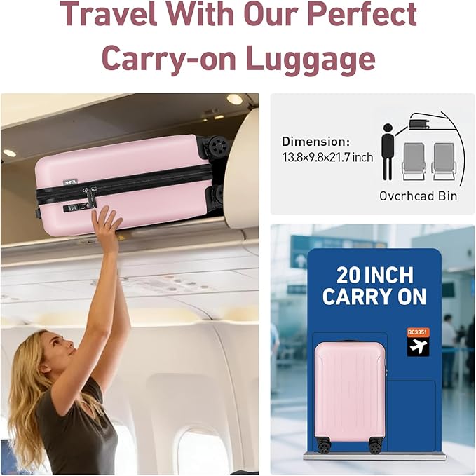 KYME Carry On Luggage Sets 3 Piece 20 Inch Suitcase Set with Duffel Bag ABS+PC Hardshell Travel Luggage with Spinner Wheels TSA Lock (Pink, 3Pcs Set)