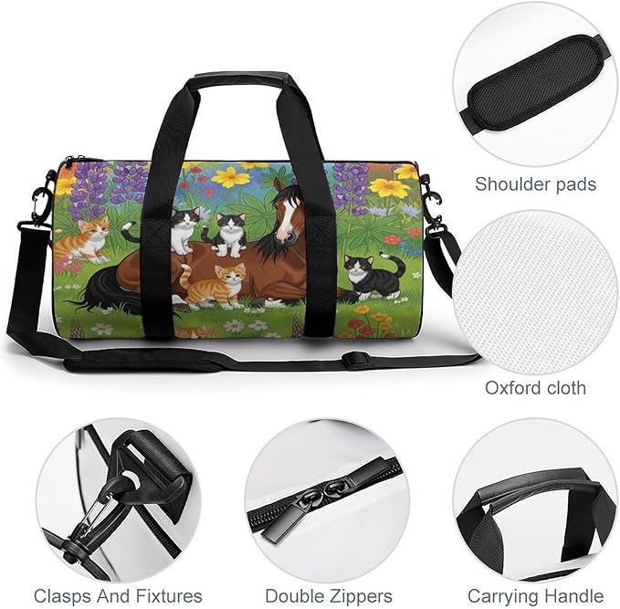 Workout Lightweight Duffel Bags Flowers Horse Cat Durable Travel Gym Sports Bag Carry On Weekender Overnight Bag