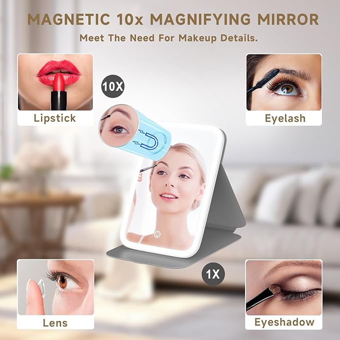 Mocado Travel Makeup Mirro with Lights, 360° Rotation Lighted Makeup Mirror, Portable Mirror with 10x Magnification, 60LEDs 3 Color Lightings, Dimmable Touch Screen, Tabletop Light up(White)