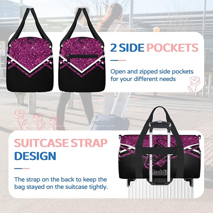 Personalized Travel Bag Cheerleading Team Name, Cheerleader Dance Bag Gym Weekender Bags Sports Tote Duffel Bag, DarkMagenta Purple Glitters