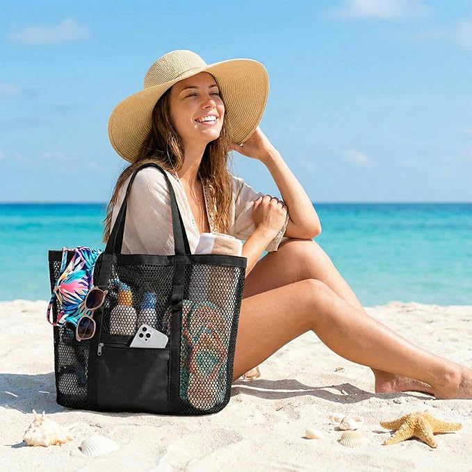 Women's Mesh Beach Bag, Stylish Beach Tote for Swimming, Travel & Vacation Essentials, Lightweight Design for Poolside