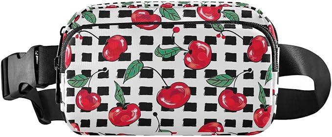 Cherry Fruit Black White Checkered Plaid Fanny Pack for Women Men Water Resistant Fashion Waist Packs with Adjustable Strap Belt Bag for Travel Workout Jogging Hiking 21219425