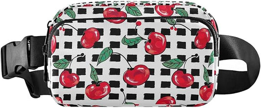 Cherry Fruit Black White Checkered Plaid Fanny Pack for Women Men Water Resistant Fashion Waist Packs with Adjustable Strap Belt Bag for Travel Workout Jogging Hiking 21219425