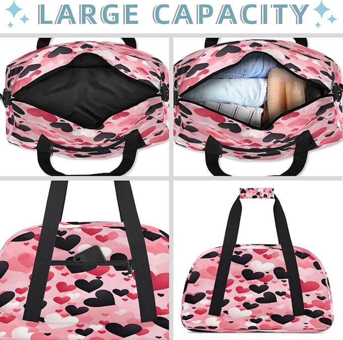 Travel Duffle Bag, Pink Black Heart Waterproof Weekender Overnight Bags for Women Men Lightweight Carry on Duffle Gym Bag for Travel, Sports, Fitness, Workout
