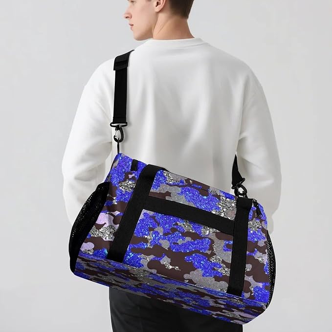 Personalized Sports Bag Name Duffel Bags with Adjustable Shoulder Strap Blue Navy Camouflage Bling Print Travel Bags Perform Training Weekender Bag