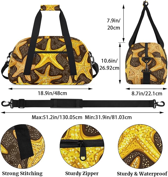 Golden Starfish Gym Travel Duffle Bag for Women & Men with Front Zipper Pocket for Sports, Overnight, Weekender, Carry On,Workout & Dance Bag,Starfish,18.9 * 8.7 * 10.6 in