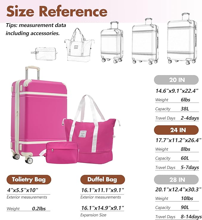 Merax 24 Inch Checked Luggage, Expandable Suitcase with Spinner Wheels, Hard Shell Vintage Luggage Set with TSA Lock(Pink)